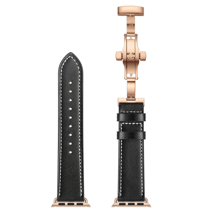 Genuine Leather + Butterfly Rose Gold Buckle Watch Band For Apple Watch Series 7 41mm / 6 & SE & 5 & 4 40mm / 3 & 2 & 1 38mm(Black) - Watch Bands by buy2fix | Online Shopping UK | buy2fix