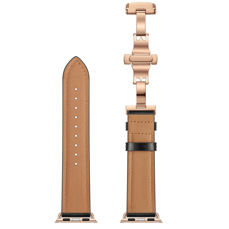 Genuine Leather + Butterfly Rose Gold Buckle Watch Band For Apple Watch Series 7 41mm / 6 & SE & 5 & 4 40mm / 3 & 2 & 1 38mm(Black) - Watch Bands by buy2fix | Online Shopping UK | buy2fix