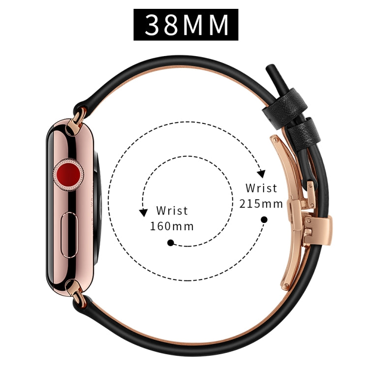 Genuine Leather + Butterfly Rose Gold Buckle Watch Band For Apple Watch Series 7 41mm / 6 & SE & 5 & 4 40mm / 3 & 2 & 1 38mm(Black) - Watch Bands by buy2fix | Online Shopping UK | buy2fix