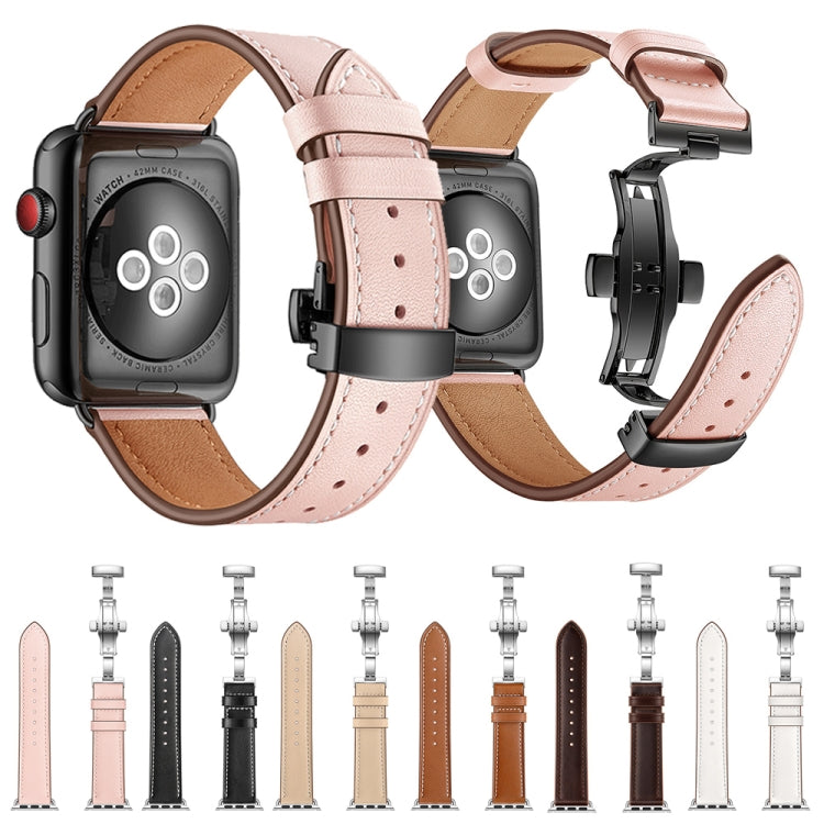 Genuine Leather + Butterfly Rose Gold Buckle Watch Band For Apple Watch Series 7 41mm / 6 & SE & 5 & 4 40mm / 3 & 2 & 1 38mm(Black) - Watch Bands by buy2fix | Online Shopping UK | buy2fix