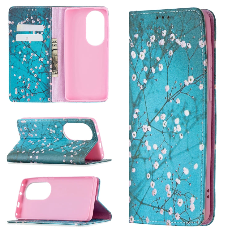 For Huawei P50 Pro Colored Drawing Pattern Invisible Magnetic Horizontal Flip PU Leather Case with Holder & Card Slots & Wallet(Plum Blossom) - Huawei Cases by buy2fix | Online Shopping UK | buy2fix