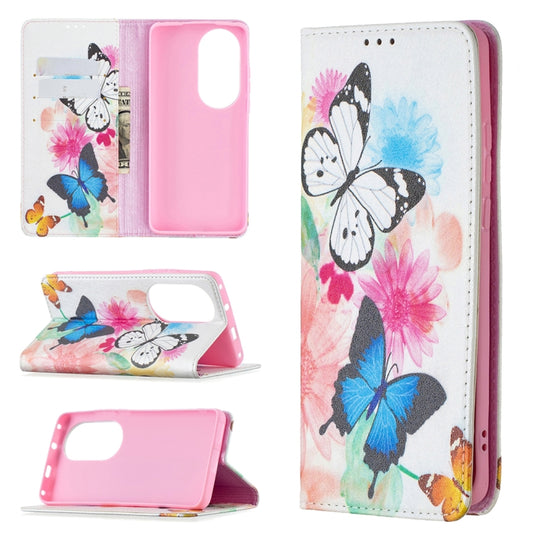 For Huawei P50 Pro Colored Drawing Pattern Invisible Magnetic Horizontal Flip PU Leather Case with Holder & Card Slots & Wallet(Two Butterflies) - Huawei Cases by buy2fix | Online Shopping UK | buy2fix