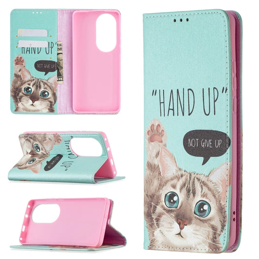 For Huawei P50 Pro Colored Drawing Pattern Invisible Magnetic Horizontal Flip PU Leather Case with Holder & Card Slots & Wallet(Cat) - Huawei Cases by buy2fix | Online Shopping UK | buy2fix