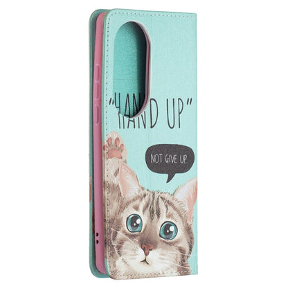 For Huawei P50 Pro Colored Drawing Pattern Invisible Magnetic Horizontal Flip PU Leather Case with Holder & Card Slots & Wallet(Cat) - Huawei Cases by buy2fix | Online Shopping UK | buy2fix