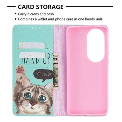 For Huawei P50 Pro Colored Drawing Pattern Invisible Magnetic Horizontal Flip PU Leather Case with Holder & Card Slots & Wallet(Cat) - Huawei Cases by buy2fix | Online Shopping UK | buy2fix