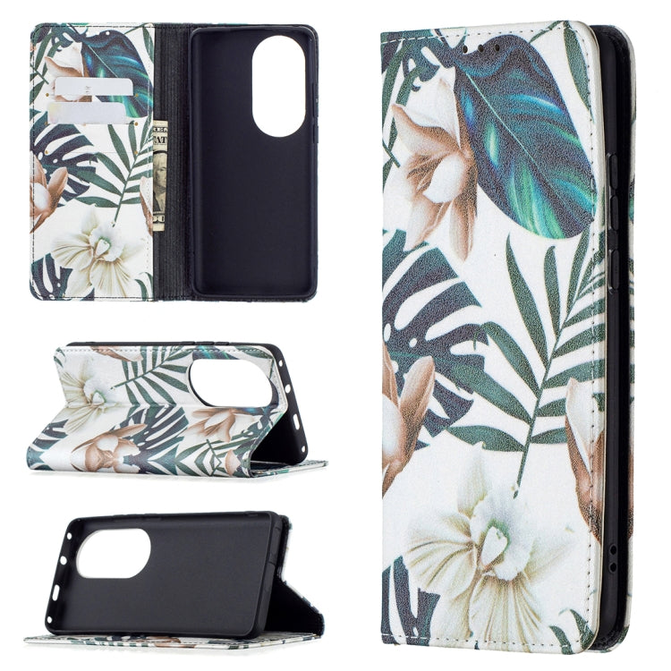 For Huawei P50 Pro Colored Drawing Pattern Invisible Magnetic Horizontal Flip PU Leather Case with Holder & Card Slots & Wallet(Red Leaves) - Huawei Cases by buy2fix | Online Shopping UK | buy2fix
