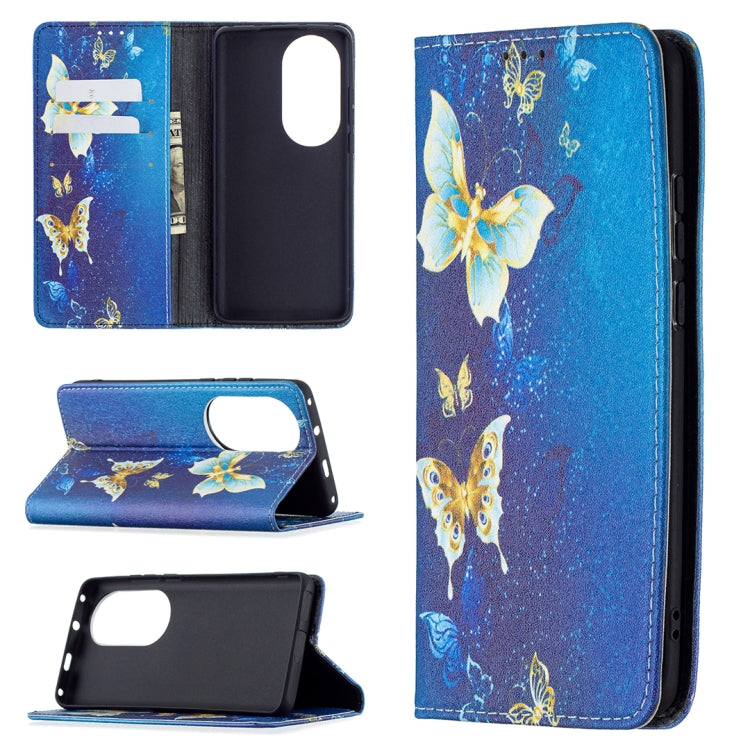 For Huawei P50 Pro Colored Drawing Pattern Invisible Magnetic Horizontal Flip PU Leather Case with Holder & Card Slots & Wallet(Gold Butterflies) - Huawei Cases by buy2fix | Online Shopping UK | buy2fix