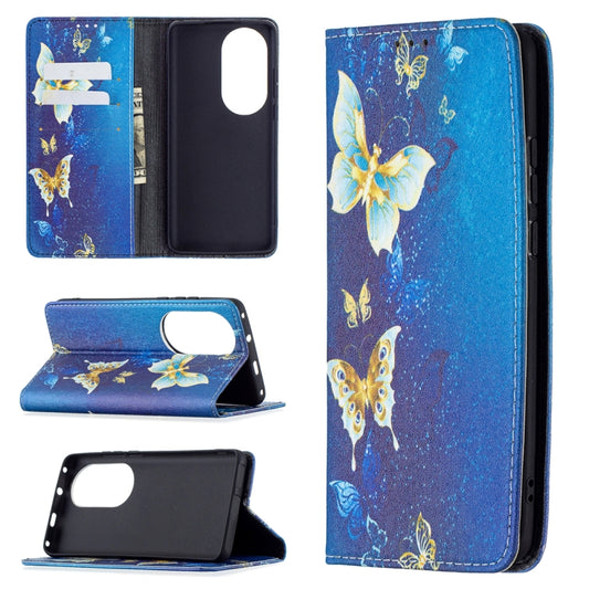For Huawei P50 Pro Colored Drawing Pattern Invisible Magnetic Horizontal Flip PU Leather Case with Holder & Card Slots & Wallet(Gold Butterflies) - Huawei Cases by buy2fix | Online Shopping UK | buy2fix