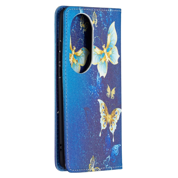 For Huawei P50 Pro Colored Drawing Pattern Invisible Magnetic Horizontal Flip PU Leather Case with Holder & Card Slots & Wallet(Gold Butterflies) - Huawei Cases by buy2fix | Online Shopping UK | buy2fix
