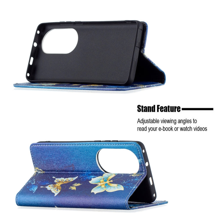 For Huawei P50 Pro Colored Drawing Pattern Invisible Magnetic Horizontal Flip PU Leather Case with Holder & Card Slots & Wallet(Gold Butterflies) - Huawei Cases by buy2fix | Online Shopping UK | buy2fix