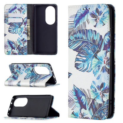 For Huawei P50 Pro Colored Drawing Pattern Invisible Magnetic Horizontal Flip PU Leather Case with Holder & Card Slots & Wallet(Blue Leaves) - Huawei Cases by buy2fix | Online Shopping UK | buy2fix