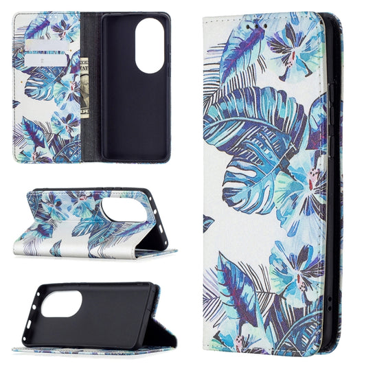 For Huawei P50 Pro Colored Drawing Pattern Invisible Magnetic Horizontal Flip PU Leather Case with Holder & Card Slots & Wallet(Blue Leaves) - Huawei Cases by buy2fix | Online Shopping UK | buy2fix