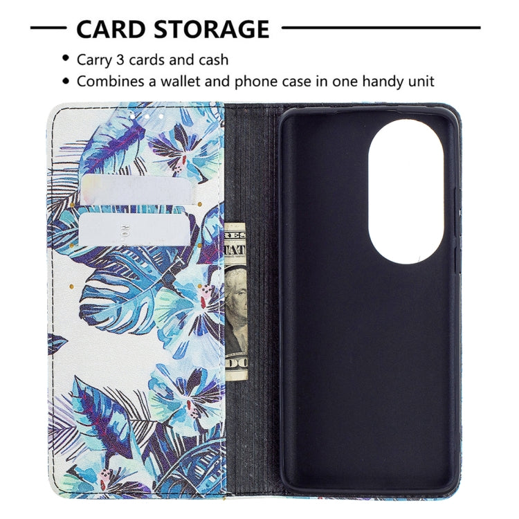 For Huawei P50 Pro Colored Drawing Pattern Invisible Magnetic Horizontal Flip PU Leather Case with Holder & Card Slots & Wallet(Blue Leaves) - Huawei Cases by buy2fix | Online Shopping UK | buy2fix