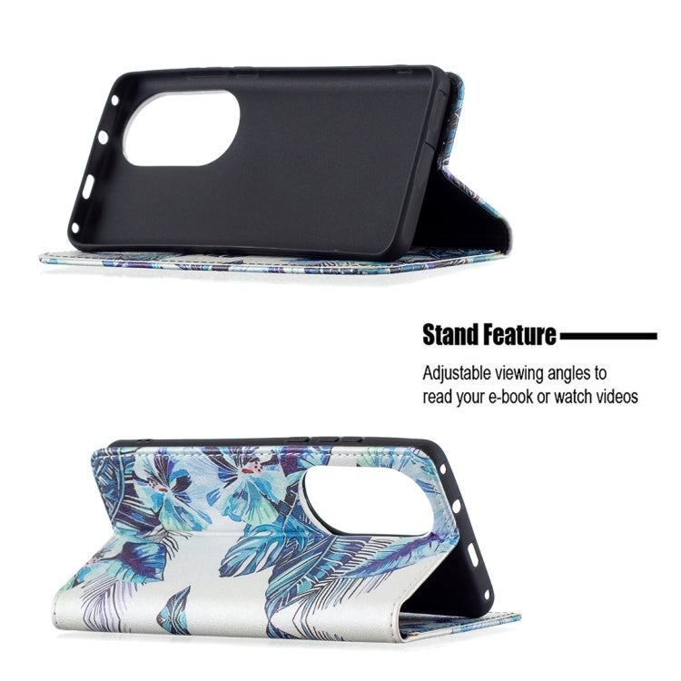 For Huawei P50 Pro Colored Drawing Pattern Invisible Magnetic Horizontal Flip PU Leather Case with Holder & Card Slots & Wallet(Blue Leaves) - Huawei Cases by buy2fix | Online Shopping UK | buy2fix