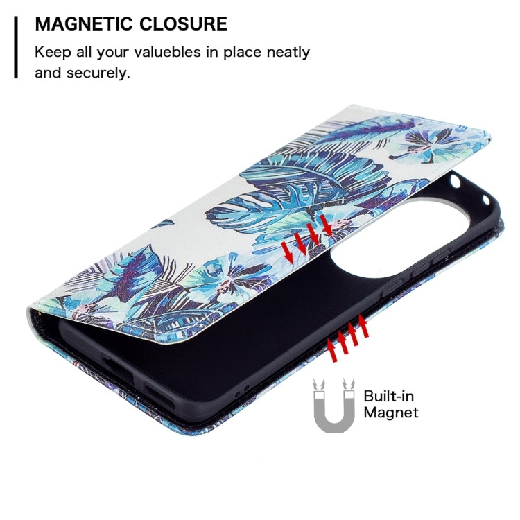 For Huawei P50 Pro Colored Drawing Pattern Invisible Magnetic Horizontal Flip PU Leather Case with Holder & Card Slots & Wallet(Blue Leaves) - Huawei Cases by buy2fix | Online Shopping UK | buy2fix