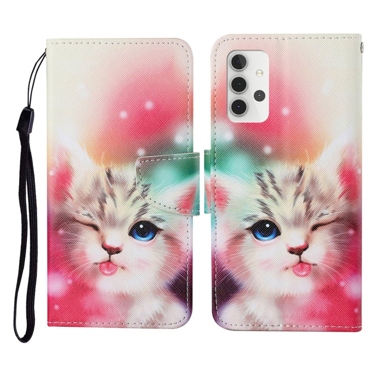 For Samsung Galaxy A32 5G Colored Drawing Pattern Horizontal Flip Leather Case with Holder & Card Slots & Wallet & Lanyard(Squint Cat) by buy2fix