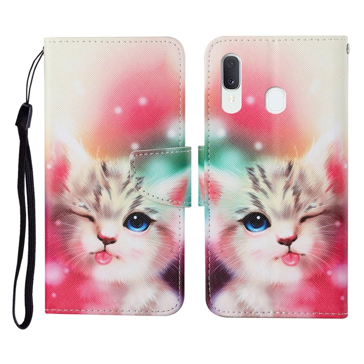 For Samsung Galaxy A40 Colored Drawing Pattern Horizontal Flip Leather Case with Holder & Card Slots & Wallet & Lanyard(Squint Cat) by buy2fix