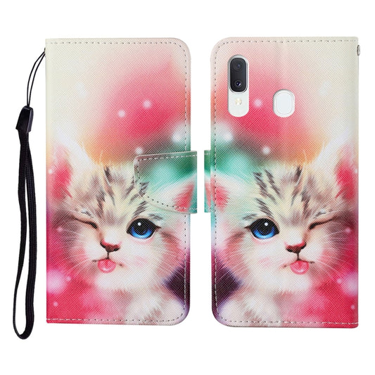 For Samsung Galaxy A40 Colored Drawing Pattern Horizontal Flip Leather Case with Holder & Card Slots & Wallet & Lanyard(Squint Cat) by buy2fix