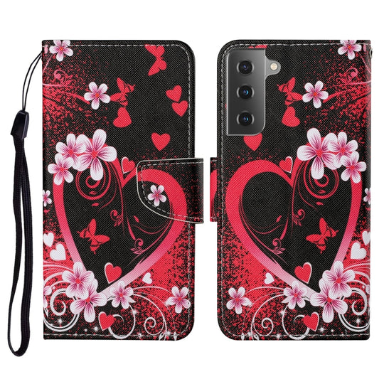 For Samsung Galaxy S21 5G Colored Drawing Pattern Horizontal Flip Leather Case with Holder & Card Slots & Wallet & Lanyard(Red Heart)