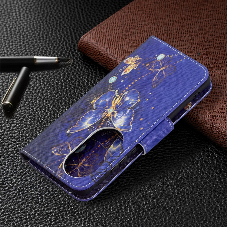 For Huawei P50 Pro Colored Drawing Pattern Horizontal Flip Leather Case with Holder & Card Slots & Wallet(Purple Butterfly) - Huawei Cases by buy2fix | Online Shopping UK | buy2fix