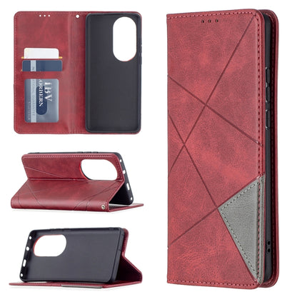 For Huawei P50 Pro Rhombus Texture Horizontal Flip Magnetic Leather Case with Holder & Card Slots(Red) - Huawei Cases by buy2fix | Online Shopping UK | buy2fix