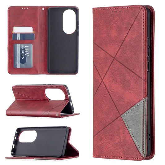 For Huawei P50 Pro Rhombus Texture Horizontal Flip Magnetic Leather Case with Holder & Card Slots(Red) - Huawei Cases by buy2fix | Online Shopping UK | buy2fix