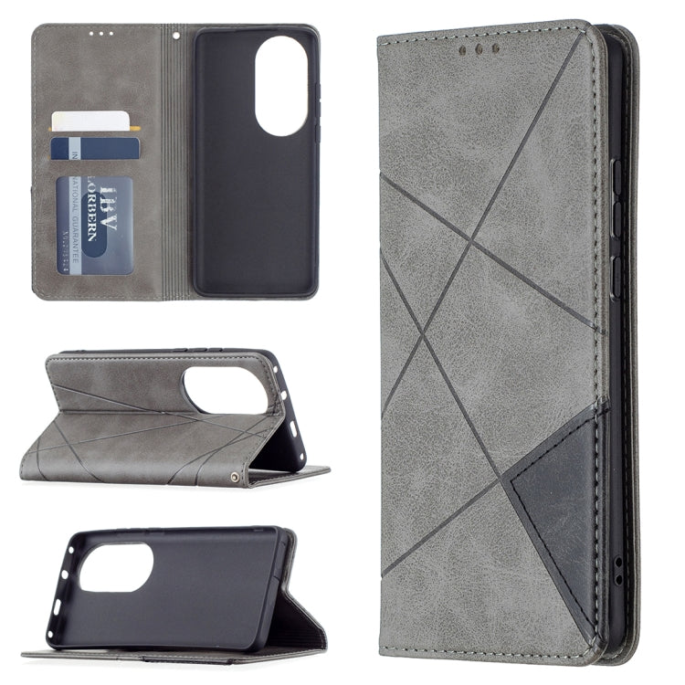 For Huawei P50 Pro Rhombus Texture Horizontal Flip Magnetic Leather Case with Holder & Card Slots(Grey) - Huawei Cases by buy2fix | Online Shopping UK | buy2fix