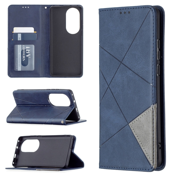 For Huawei P50 Pro Rhombus Texture Horizontal Flip Magnetic Leather Case with Holder & Card Slots(Blue) - Huawei Cases by buy2fix | Online Shopping UK | buy2fix