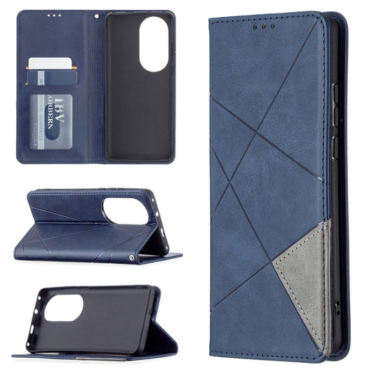 For Huawei P50 Pro Rhombus Texture Horizontal Flip Magnetic Leather Case with Holder & Card Slots(Blue) - Huawei Cases by buy2fix | Online Shopping UK | buy2fix