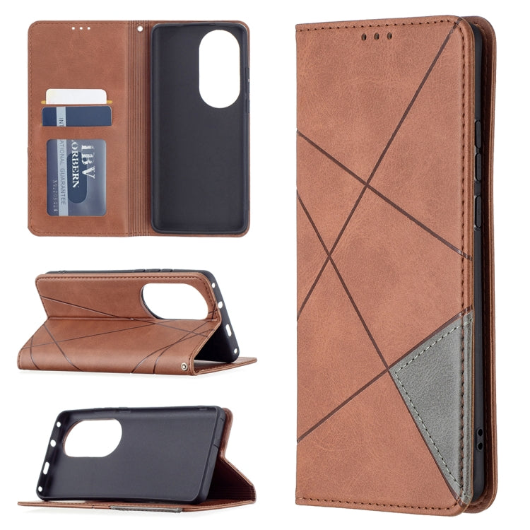 For Huawei P50 Pro Rhombus Texture Horizontal Flip Magnetic Leather Case with Holder & Card Slots(Brown) - Huawei Cases by buy2fix | Online Shopping UK | buy2fix