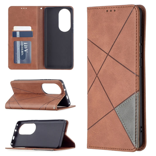 For Huawei P50 Pro Rhombus Texture Horizontal Flip Magnetic Leather Case with Holder & Card Slots(Brown) - Huawei Cases by buy2fix | Online Shopping UK | buy2fix
