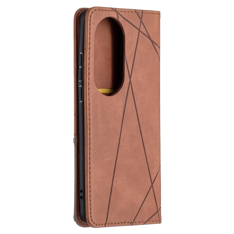 For Huawei P50 Pro Rhombus Texture Horizontal Flip Magnetic Leather Case with Holder & Card Slots(Brown) - Huawei Cases by buy2fix | Online Shopping UK | buy2fix
