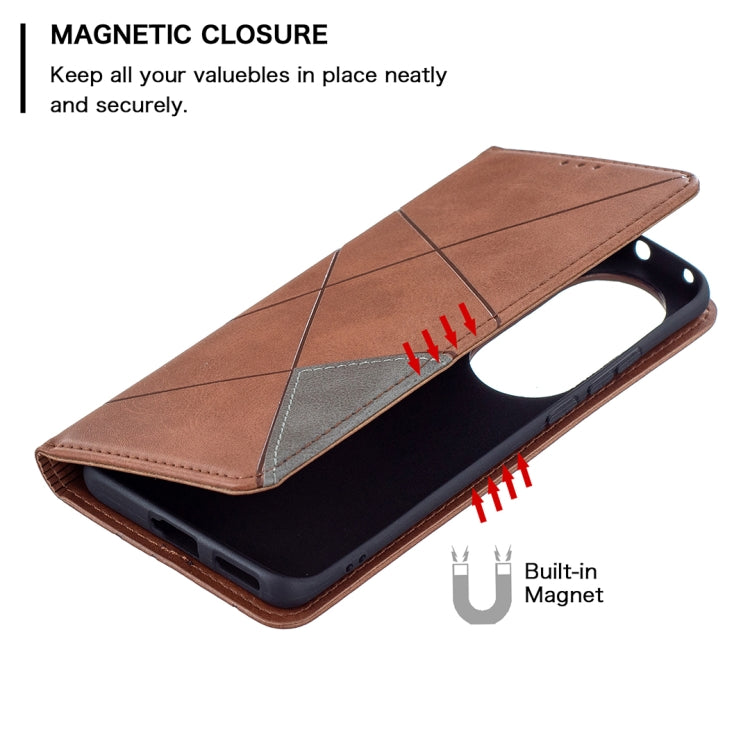 For Huawei P50 Pro Rhombus Texture Horizontal Flip Magnetic Leather Case with Holder & Card Slots(Brown) - Huawei Cases by buy2fix | Online Shopping UK | buy2fix