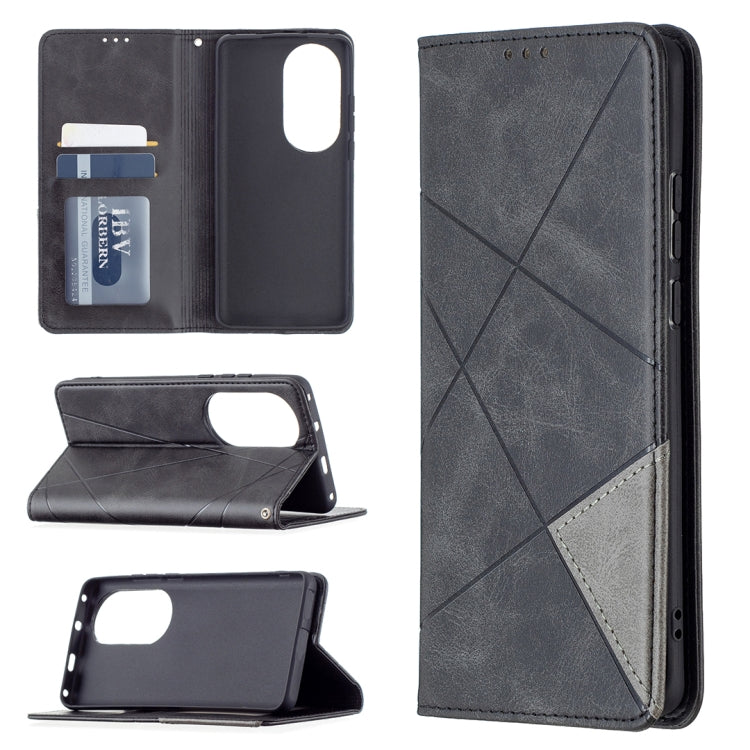 For Huawei P50 Pro Rhombus Texture Horizontal Flip Magnetic Leather Case with Holder & Card Slots(Black) - Huawei Cases by buy2fix | Online Shopping UK | buy2fix