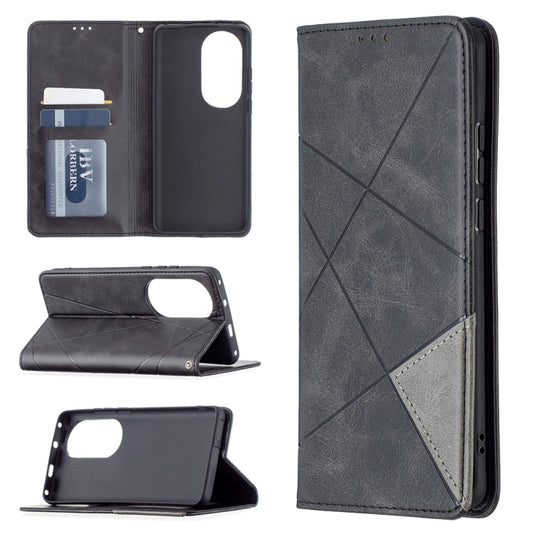 For Huawei P50 Pro Rhombus Texture Horizontal Flip Magnetic Leather Case with Holder & Card Slots(Black) - Huawei Cases by buy2fix | Online Shopping UK | buy2fix