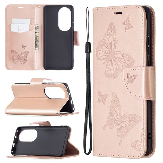For Huawei P50 Pro Two Butterflies Embossing Pattern Horizontal Flip Leather Case with Holder & Card Slot & Wallet & Lanyard(Rose Gold) - Huawei Cases by buy2fix | Online Shopping UK | buy2fix