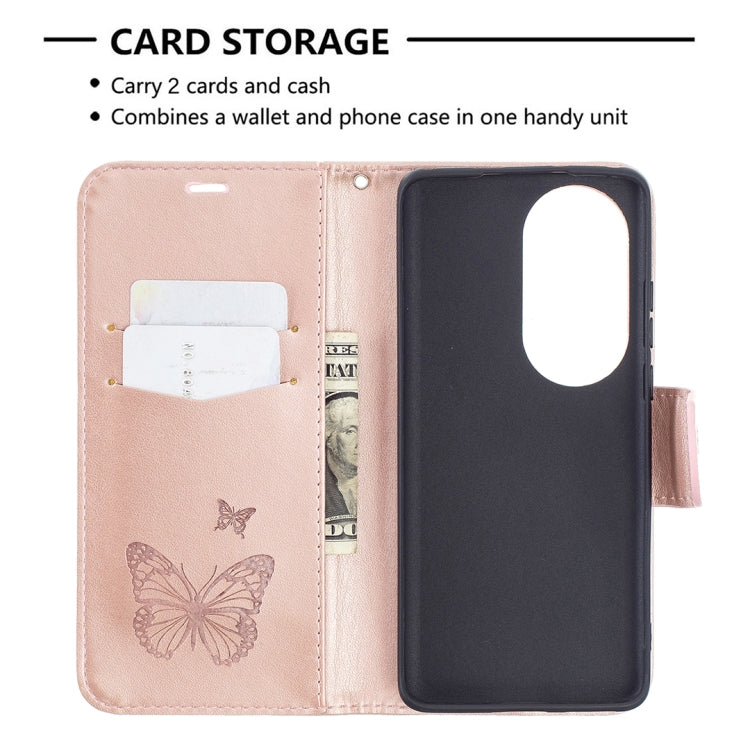 For Huawei P50 Pro Two Butterflies Embossing Pattern Horizontal Flip Leather Case with Holder & Card Slot & Wallet & Lanyard(Rose Gold) - Huawei Cases by buy2fix | Online Shopping UK | buy2fix