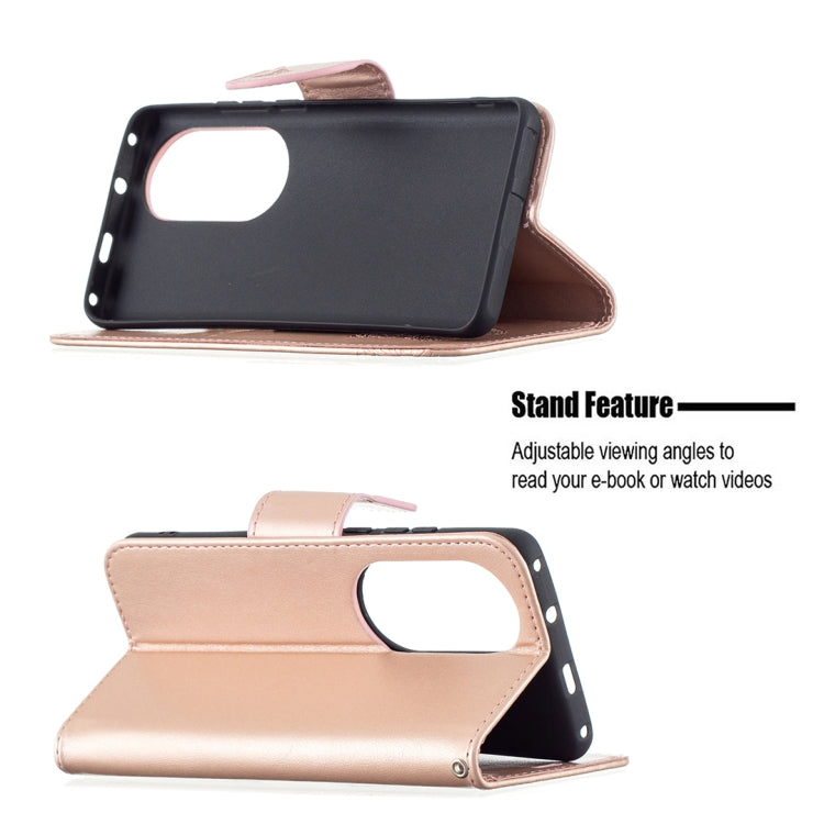 For Huawei P50 Pro Two Butterflies Embossing Pattern Horizontal Flip Leather Case with Holder & Card Slot & Wallet & Lanyard(Rose Gold) - Huawei Cases by buy2fix | Online Shopping UK | buy2fix