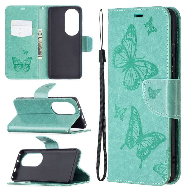 For Huawei P50 Pro Two Butterflies Embossing Pattern Horizontal Flip Leather Case with Holder & Card Slot & Wallet & Lanyard(Green) - Huawei Cases by buy2fix | Online Shopping UK | buy2fix