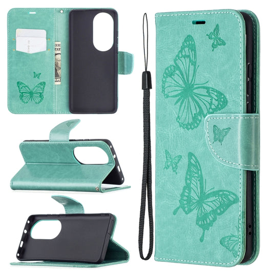 For Huawei P50 Pro Two Butterflies Embossing Pattern Horizontal Flip Leather Case with Holder & Card Slot & Wallet & Lanyard(Green) - Huawei Cases by buy2fix | Online Shopping UK | buy2fix