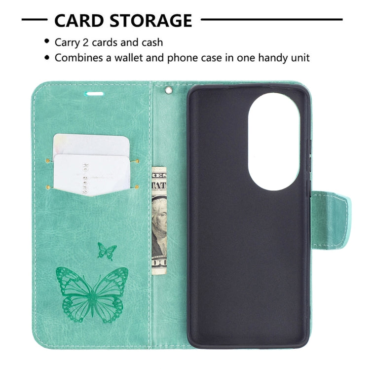 For Huawei P50 Pro Two Butterflies Embossing Pattern Horizontal Flip Leather Case with Holder & Card Slot & Wallet & Lanyard(Green) - Huawei Cases by buy2fix | Online Shopping UK | buy2fix