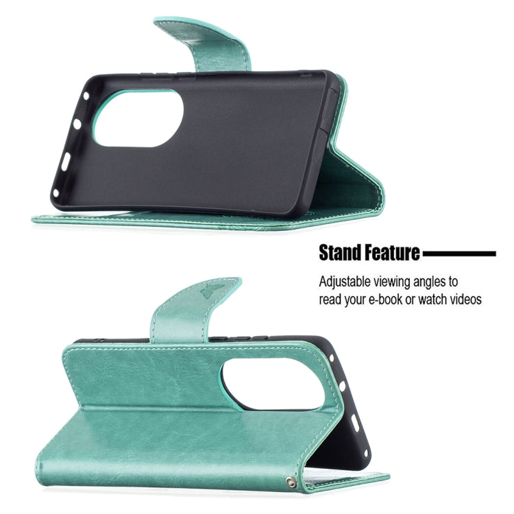 For Huawei P50 Pro Two Butterflies Embossing Pattern Horizontal Flip Leather Case with Holder & Card Slot & Wallet & Lanyard(Green) - Huawei Cases by buy2fix | Online Shopping UK | buy2fix