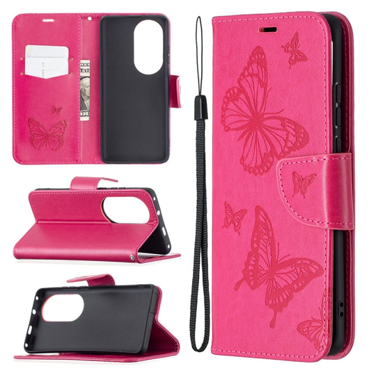 For Huawei P50 Pro Two Butterflies Embossing Pattern Horizontal Flip Leather Case with Holder & Card Slot & Wallet & Lanyard(Rose Red) - Huawei Cases by buy2fix | Online Shopping UK | buy2fix