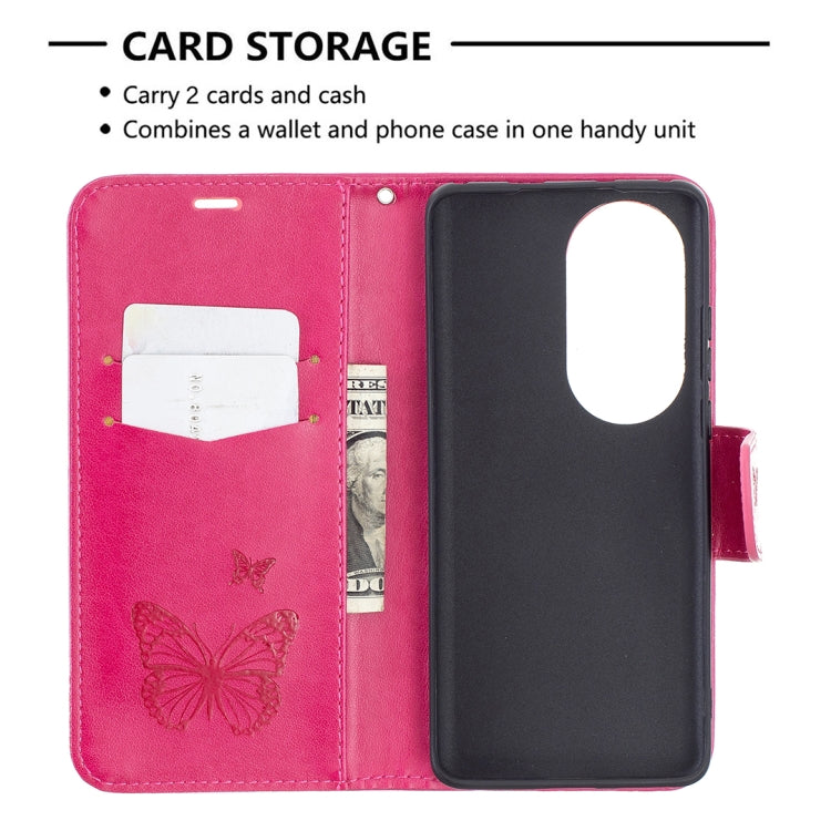 For Huawei P50 Pro Two Butterflies Embossing Pattern Horizontal Flip Leather Case with Holder & Card Slot & Wallet & Lanyard(Rose Red) - Huawei Cases by buy2fix | Online Shopping UK | buy2fix