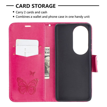 For Huawei P50 Pro Two Butterflies Embossing Pattern Horizontal Flip Leather Case with Holder & Card Slot & Wallet & Lanyard(Rose Red) - Huawei Cases by buy2fix | Online Shopping UK | buy2fix