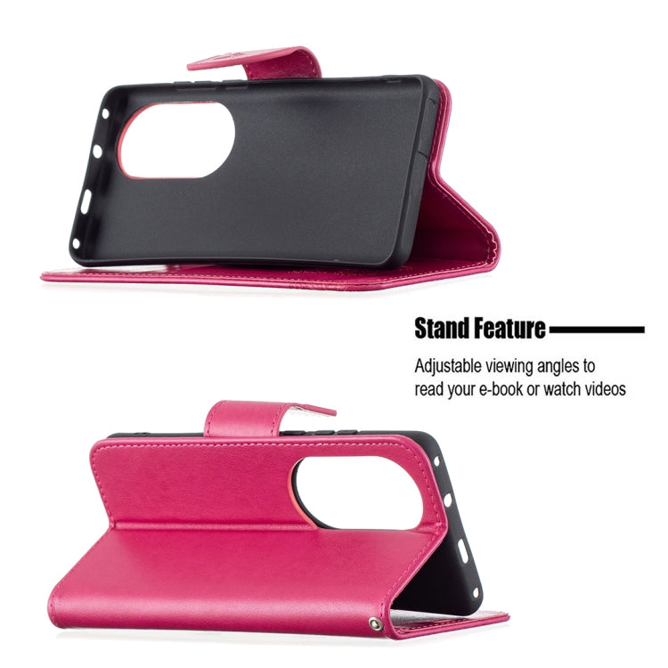 For Huawei P50 Pro Two Butterflies Embossing Pattern Horizontal Flip Leather Case with Holder & Card Slot & Wallet & Lanyard(Rose Red) - Huawei Cases by buy2fix | Online Shopping UK | buy2fix