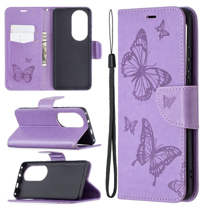 For Huawei P50 Pro Two Butterflies Embossing Pattern Horizontal Flip Leather Case with Holder & Card Slot & Wallet & Lanyard(Purple) - Huawei Cases by buy2fix | Online Shopping UK | buy2fix