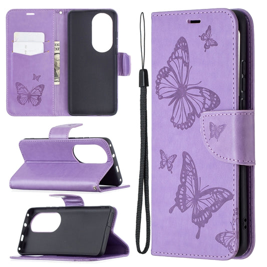 For Huawei P50 Pro Two Butterflies Embossing Pattern Horizontal Flip Leather Case with Holder & Card Slot & Wallet & Lanyard(Purple) - Huawei Cases by buy2fix | Online Shopping UK | buy2fix