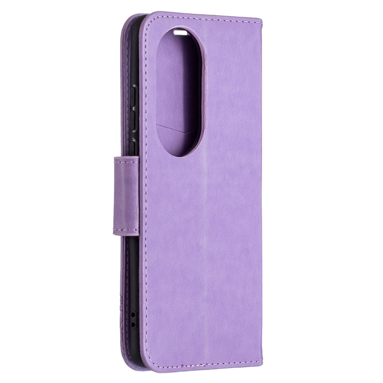 For Huawei P50 Pro Two Butterflies Embossing Pattern Horizontal Flip Leather Case with Holder & Card Slot & Wallet & Lanyard(Purple) - Huawei Cases by buy2fix | Online Shopping UK | buy2fix