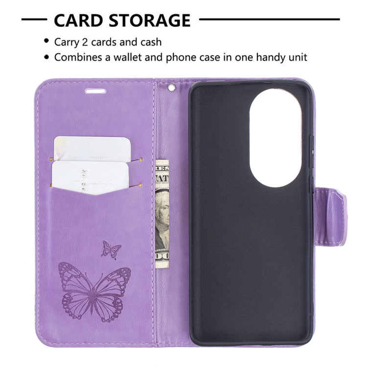 For Huawei P50 Pro Two Butterflies Embossing Pattern Horizontal Flip Leather Case with Holder & Card Slot & Wallet & Lanyard(Purple) - Huawei Cases by buy2fix | Online Shopping UK | buy2fix